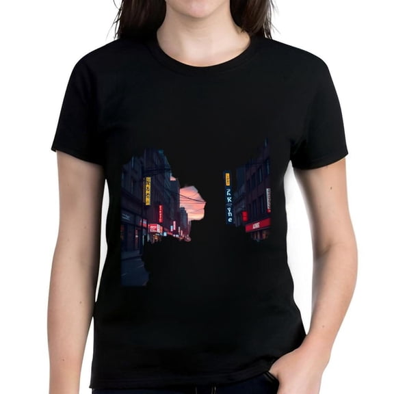 Women's Cotton Short Sleeve T-Shirt with Vibrant Cityscape Design - Urban Nightlife Inspired Graphic Tee