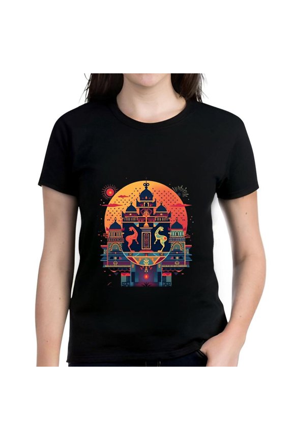 Women's Cotton Short Sleeve T-Shirt with Vibrant Middle Eastern Inspired Geometric Pattern and Intricate Designs