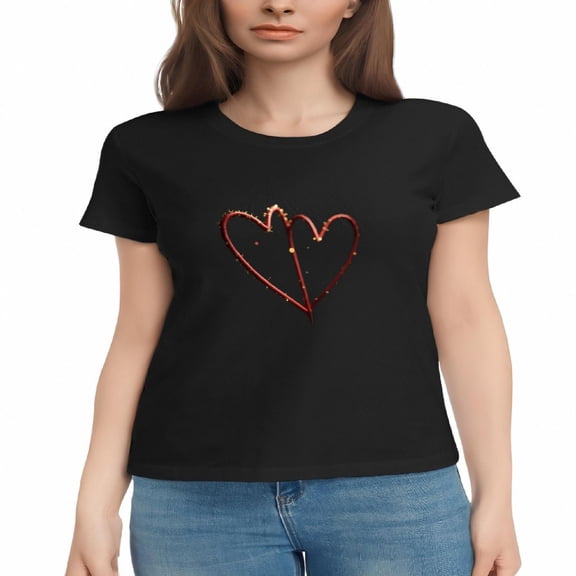 Women's Cotton Short Sleeve T-Shirt with Vibrant Overlapping Hearts Graphic in Red Orange and Yellow on Black Background