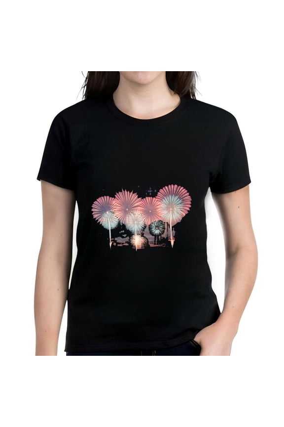 Women's Cotton Short Sleeve T-Shirt with Vibrant Pattern - Festive and Colorful Design in Pink Orange and White