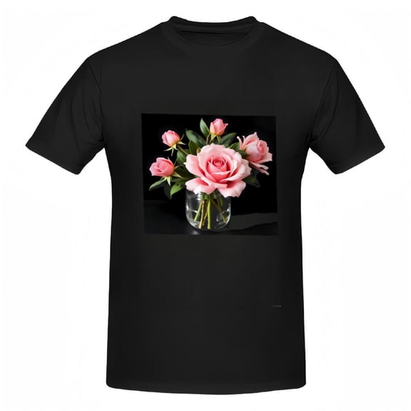Women's Cotton Short Sleeve T-Shirt with Vibrant Pink Roses in Glass Design - Floral Tee Top for Casual Style