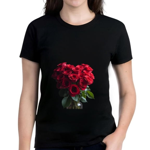 Women's Cotton Short Sleeve T-Shirt with Vibrant Red Roses in Design - Floral Graphic Tee Dark Background Stylish and Comfortable