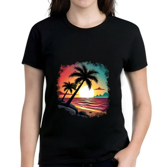Women's Cotton Short Sleeve T-Shirt with Vibrant Sunset Beach Scene Design - Trees Ocean Reflection and Mountain View