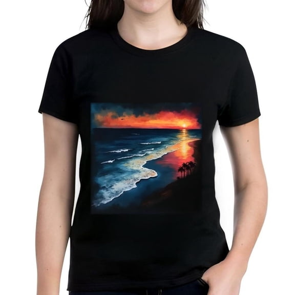 Women's Cotton Short Sleeve T-Shirt with Vibrant Sunset Beach Scene Print - Silhouetted Trees & Tranquil Ocean Design