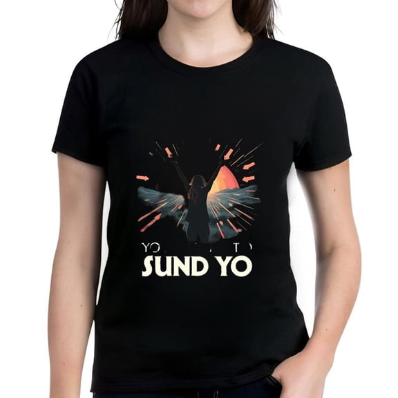 Women's Cotton Short Sleeve T-Shirt with Vibrant Sunset Graphic Design - ' YO SUND YO ' Bold Print Perfect for Casual Wear and Outdoor Adventures