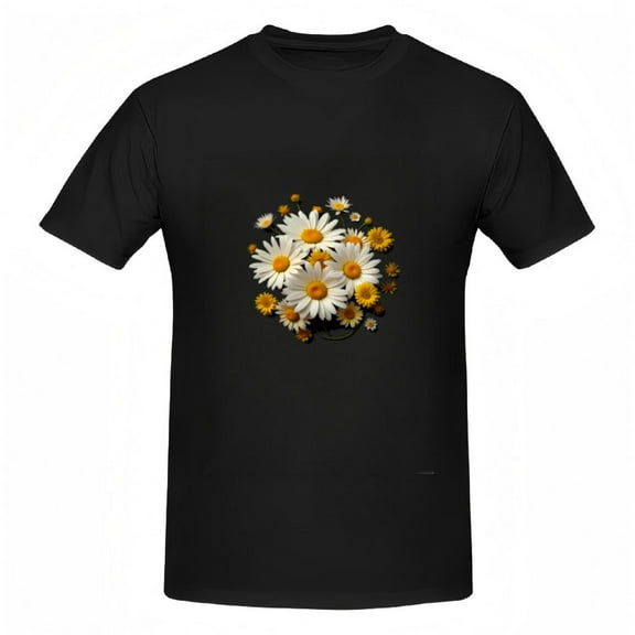 Women's Cotton Short Sleeve T-Shirt with Vibrant White Daisy Design and Yellow Centers on Black Background - Cheerful Floral Tee