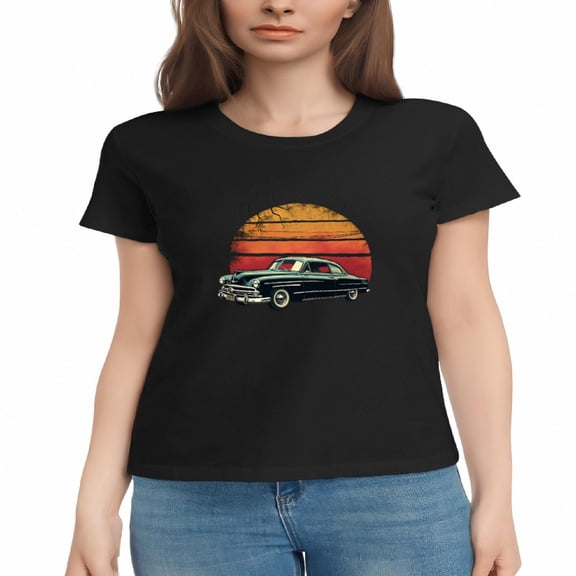 Women's Cotton Short Sleeve T-Shirt with Vintage Car Design Against Sunset Gradient - Retro Tee Top for Classic Car Lovers