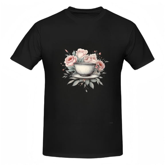Women's Cotton Short Sleeve T-Shirt with Vintage Floral Teacup Design - Delicate Pink Roses & Green Leaves on Black Background