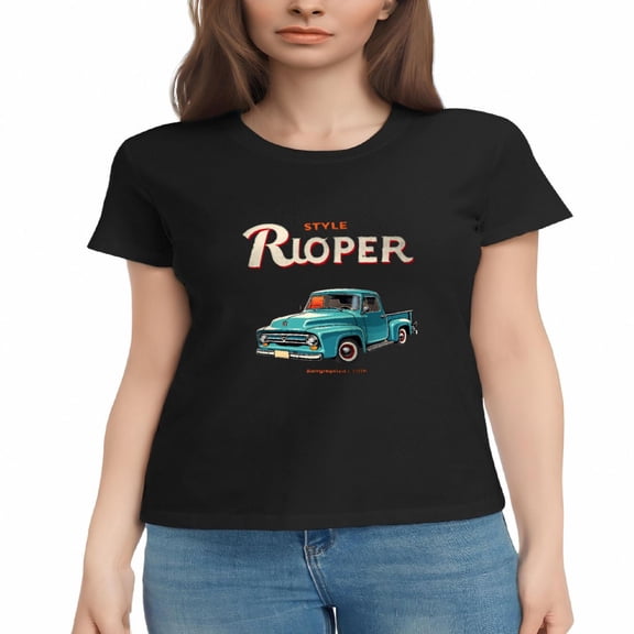 Women's Cotton Short Sleeve T-Shirt with Vintage ' STYLE RIOPER ' Graphic Orange & White Text Blue Truck Design Morganton NC 1954
