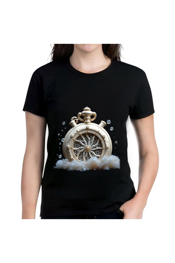 Women's Cotton Short Sleeve T-Shirt with Whimsical Golden Pocket Watch Design Surrounded by Clouds and Bubbles