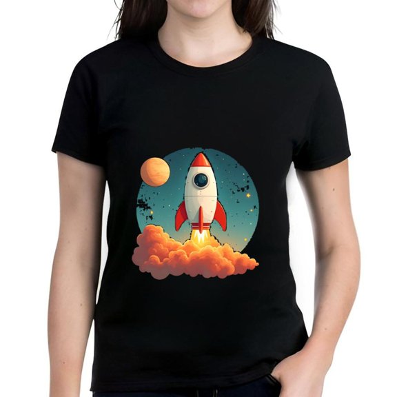 Women's Cotton Short Sleeve T-Shirt with Whimsical Rocket Design Stars & Pattern Theme