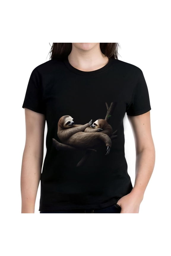 Women's Cotton Short Sleeve T-Shirt with Whimsical Sloth Illustration on Branch - Relaxed & Serene Design