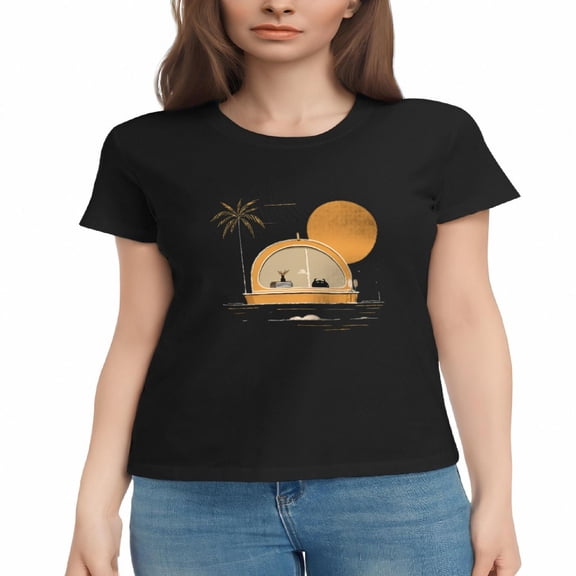 Women's Cotton Short Sleeve T-Shirts - Serene Beach Sunset Design with Palm Tree & Silhouetted Figures Perfect for Summer Vibes