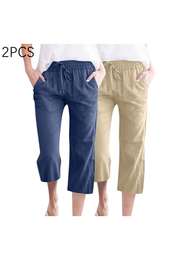 Women’s Cotton Shorts Dgankt 2PC Women's Cotton Linen Summer Loose 7 Pants Pure Color Drawstring Waistband Shorts with Pockets Summer Shorts for Women