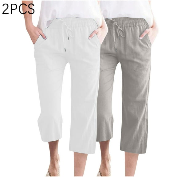 Women’s Cotton Shorts Dgankt 2PC Women's Solid Color Drawstring Cotton Linen Casual Loose Leisure Wide Leg Straight Leg 7 Pants with Pockets Affordable Summer Clothing