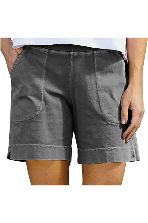 Women's Cotton Shorts Summer Casual Loose Fit Bermuda Shorts Pull On Mid Waist Solid Short Pants with Pockets