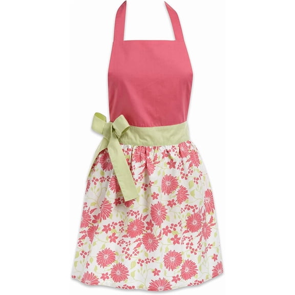 Women's Cotton Skirted Kitchen Apron for Cooking, Baking & Crafts, Adjustable with Generous Waist Ties, Pink Daisy, One Size