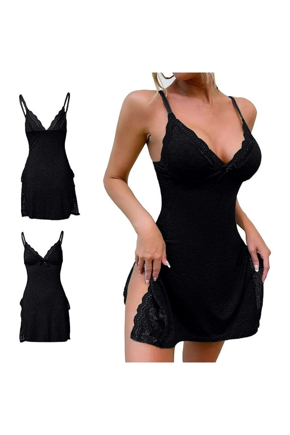 Women's Cotton Sleepwear Lace Trim Slit Nightgown Lace Trim Side Sleep Dress Slit Bowknot Decor Sleep Spaghetti Dress,Black Women's Sleepwear L