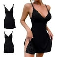 thumbnail image 1 of Women's Cotton Sleepwear Lace Trim Slit Nightgown Lace Trim Side Sleep Dress Slit Bowknot Decor Sleep Spaghetti Dress,Black Women's Sleepwear M, 1 of 9