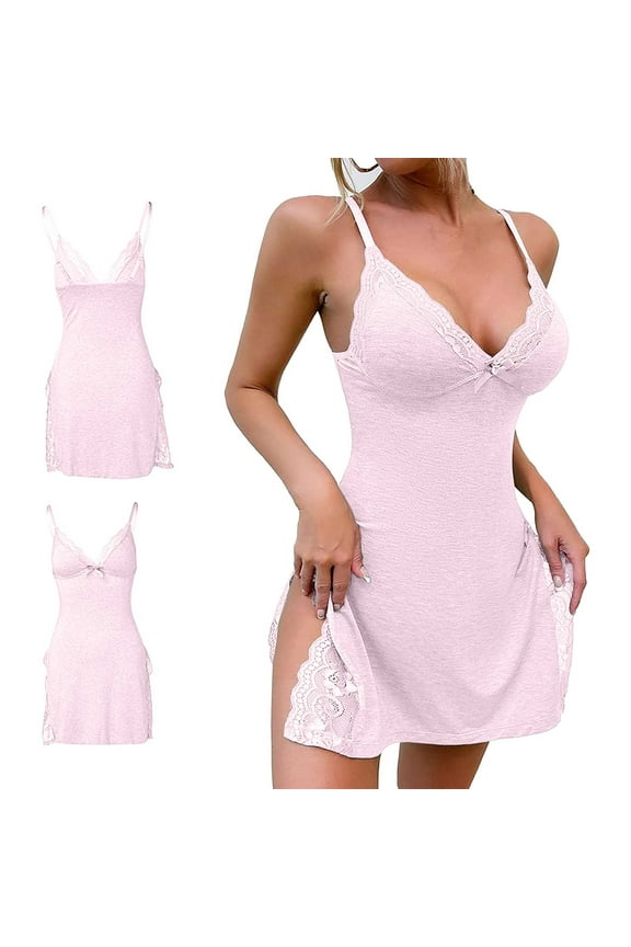 Women's Cotton Sleepwear Lace Trim Slit Nightgown Lace Trim Side Sleep Dress Slit Bowknot Decor Sleep Spaghetti Dress,Pink Women's Sleepwear L