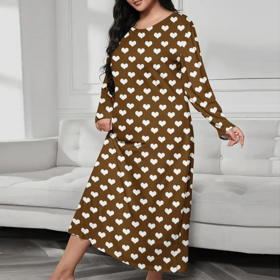 Women's Cotton Sleepwear Long Sleeves Nightgown Print Tee Sleep Dress Brown S