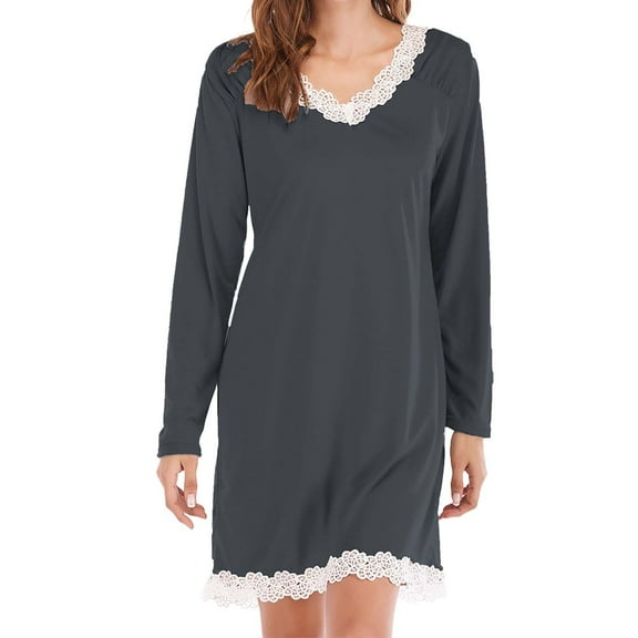 Women's Cotton Sleepwear Womens Long Sleeve Nightgowns V Neck Sleepshirts Lace Nightshirts Casual T Shirt Sleep Dress With L