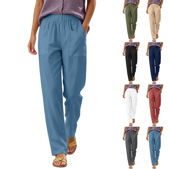 Women's Cotton Slim Fit Pants With Elastic Waist and Pockets, Casual Everyday Wear for Work and Outdoors, Comfortable Stretchy Trousers | UKHCCC,Army Green L