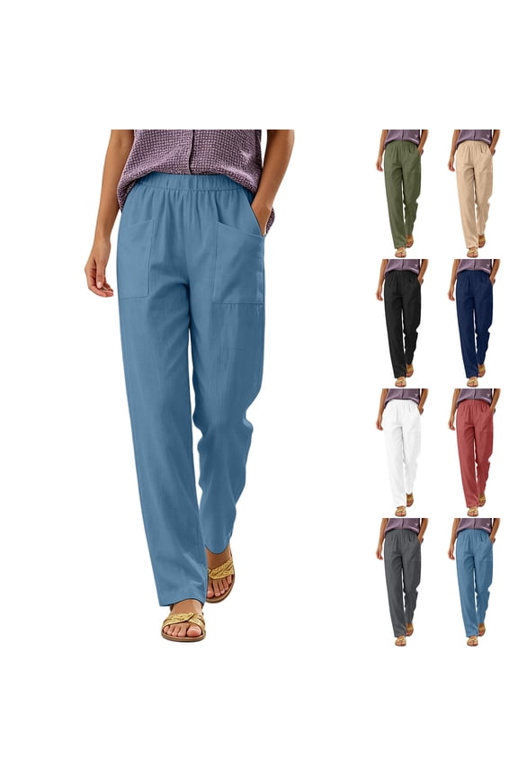 Women's Cotton Slim Fit Pants With Elastic Waist and Pockets, Casual Everyday Wear for Work and Outdoors, Comfortable Stretchy Trousers | UKHCCC,Gray L
