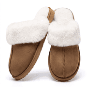 Women s Cotton Slippers, Faux Suede Scuff House Slippers With Fluffy Faux Fur Collar, Warm Cozy Non Slip Indoor Footwear for Ladies Fall Winter