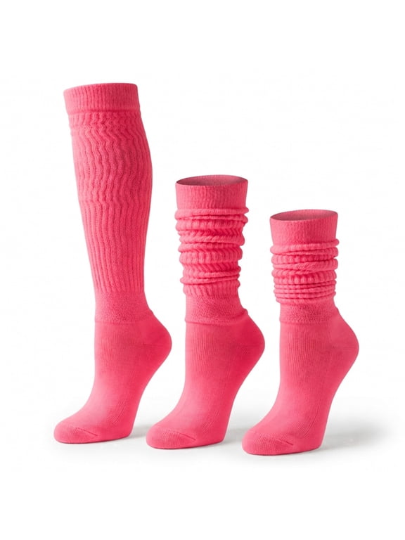 Women’s Cotton Slouch Socks 3 Pairs, Knee High Scrunch Boot Socks, Extra Long All Season Comfort, Made in USA (3 Pairs Neon Pink)