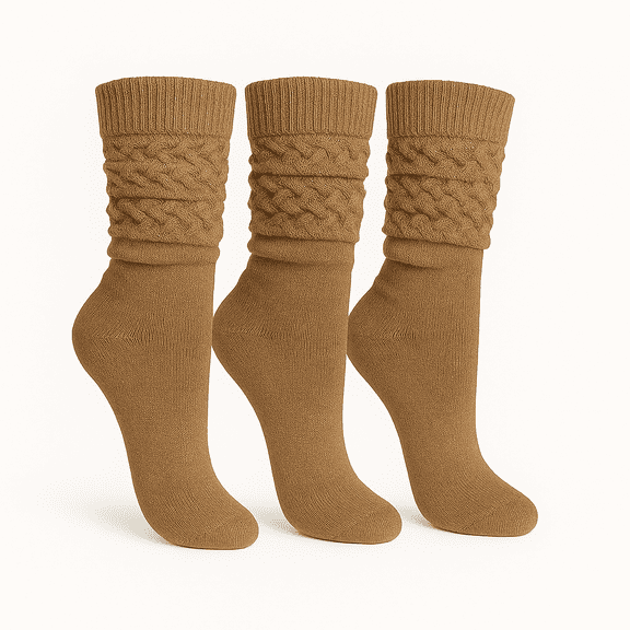 Women's Cotton Slouch Socks Knee High Scrunch Boot Socks Breathable Extra Long All Season 3 Pairs (Beige)
