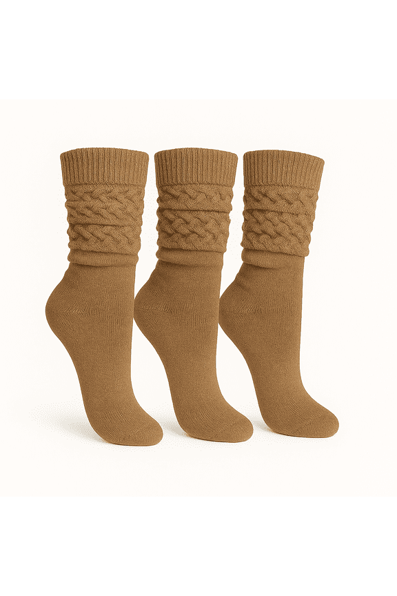 Women's Cotton Slouch Socks Knee High Scrunch Boot Socks Breathable Extra Long All Season 3 Pairs (Beige)