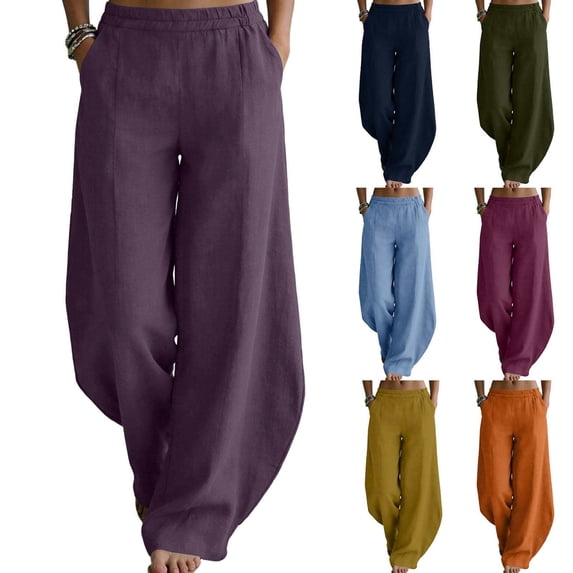 Women's Cotton Solid Curved Barrel Long Pants, Elastic High Waist Multi Color Side Pockets, Light Breathable Loose Trousers for Daily Commute Beach Trip Spring | TruHer,Army Green L