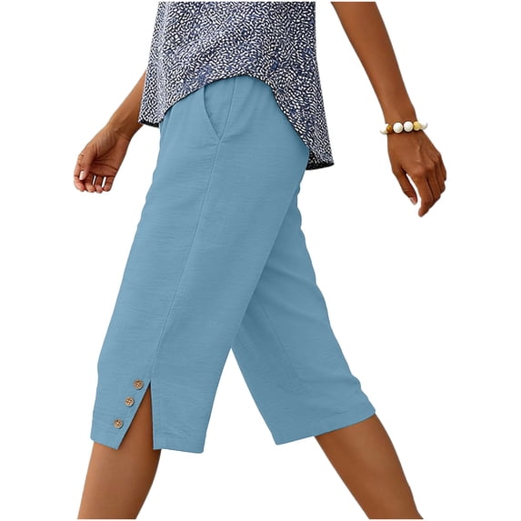 Women's Cotton Spandex Loose Straight Leg Pants with Pockets, Mid Elastic Waist Soft Stretchy, Casual Drawstring Trousers, Summer Beach Business Lounge Wear, Womens Capris