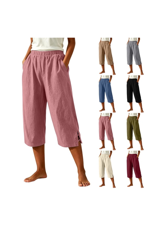 Women's Cotton Spandex Wide Leg Cropped Pants with Pockets, Mid Elastic Waist Soft Stretchy, Casual Lounge Summer Beach, Travel Outdoor | UKHCCC,Army Green XL