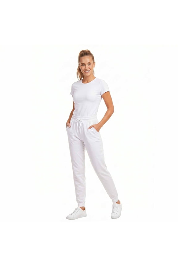 Women's Cotton Stretch Active Jersey Jogger Pants with Pockets, White L, 1 Pack