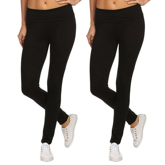 "Women's Cotton Stretch Ankle Length Slim Fold-Over Tight Leggings // Solid (2PK: Black/Black), Size: S"