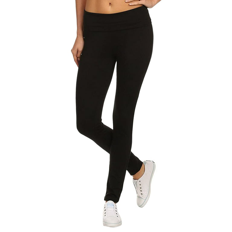 Women's Cotton Stretch Ankle Length Slim Fold-Over Tight Leggings // Solid  (Black), Size: M 