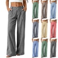 thumbnail image 1 of Women's Cotton Stripe Pants Casual High Waist Wide Leg Straight Dress Button Trouser Summer Clothes Black XL(XL), 1 of 7