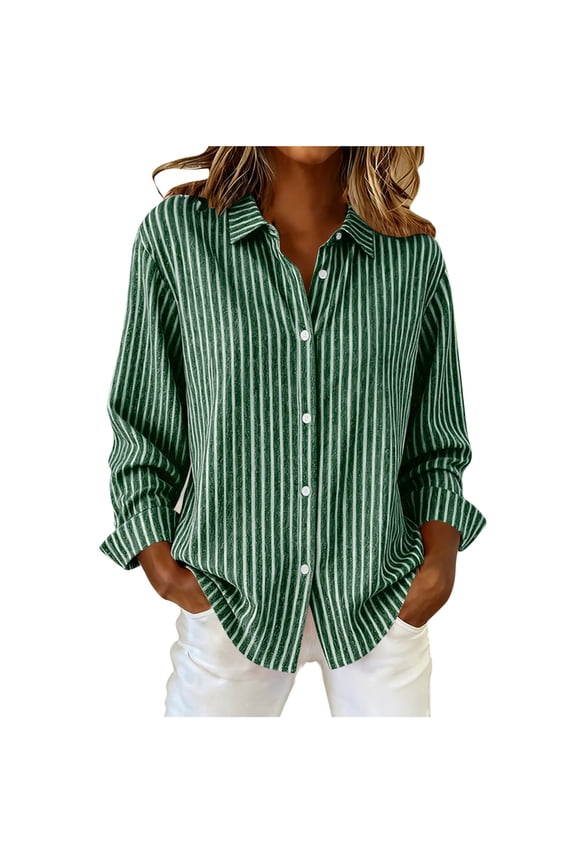 Women's Cotton Striped Button-Down Shirt - Long Sleeve Collared Business Casual Work Blouse, Wrinkle-Resistant Loose-Fit Versatile Tops