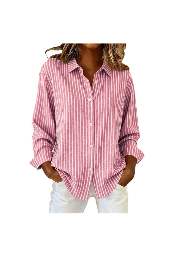 Women's Cotton Striped Button-Down Shirt - Long Sleeve Collared Business Casual Work Blouse, Wrinkle-Resistant Loose-Fit Versatile Tops