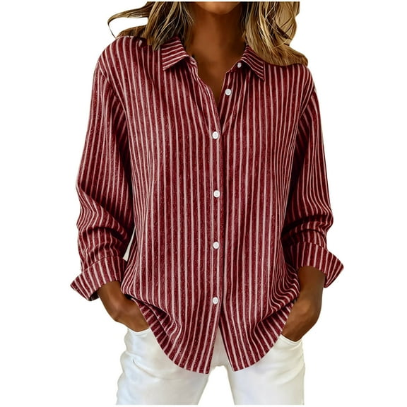 Women's Cotton Striped Button-Down Shirt - Long Sleeve Collared Business Casual Work Blouse, Wrinkle-Resistant Loose-Fit Versatile Tops