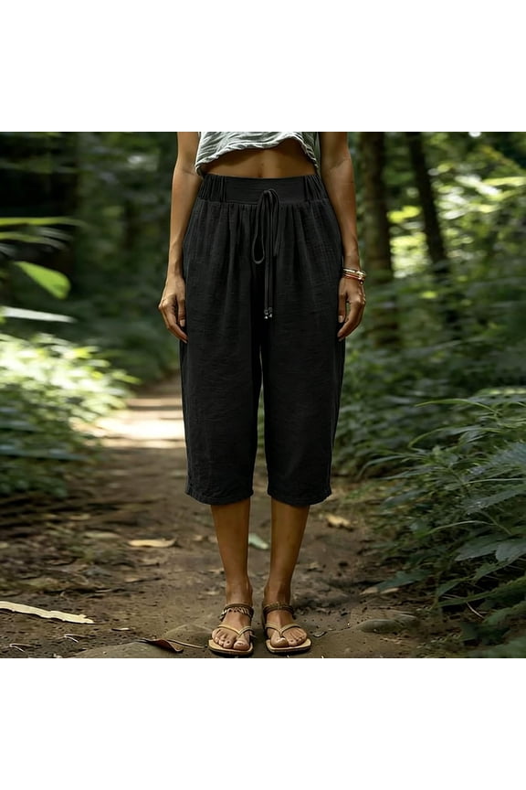 Women's Cotton Summer Casual Capris with Pockets, Mid Waisted Elastic Waist Soft Stretchy, Capri Pants for Women, Lounge Beach Outdoor | UKHCCC,Black M