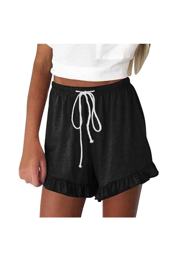 Women's Cotton Summer Shorts Ruffled Detail Plus Size Loose Lounge Drawstring Sweatshorts Elastic Waist Casual Shorts (3XL, Black)