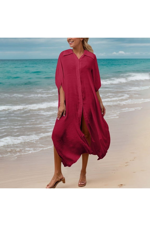 Women's Cotton Sun Clothing Cover Up, Solid Color Bikini Cardigan Shirt with Slit Long Skirt, Beach Vacation Resort Wear for Daily and Casual Use Hot Pink One Size