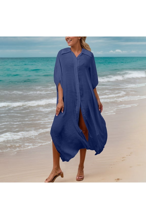 Women's Cotton Sun Clothing Cover Up, Solid Color Bikini Cardigan Shirt with Slit Long Skirt, Beach Vacation Resort Wear for Daily and Casual Use Navy One Size