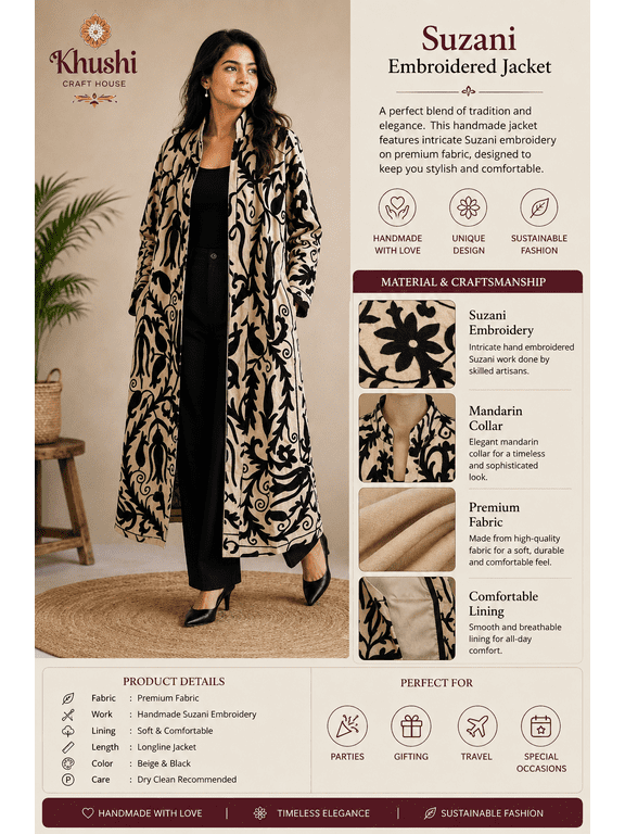 Womens Cotton Suzani Long Kimono , Hand Embroidered Floral Boho Duster Jacket , Long Robe Coat