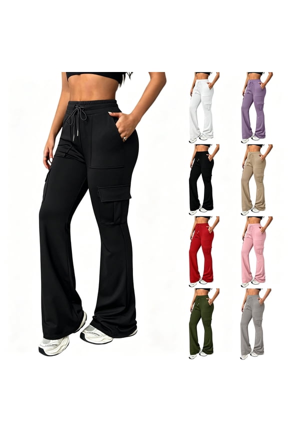 Women's Cotton Sweatpants Women's Cargo Flare Yoga Pants High Waist Drawstring Stretch Casual Workout Leggings with Multi Pockets Black L