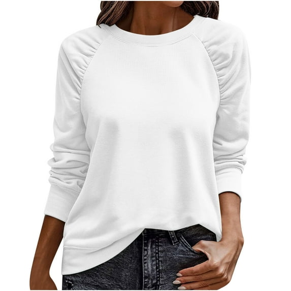 Women's Cotton Sweatshirts Raglan Long Sleeve Crewneck Trendy Tops with Pleats Lightweight Loose Plain Pullover (M, White)