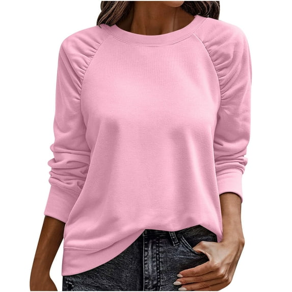 Women's Cotton Sweatshirts Raglan Long Sleeve Crewneck Trendy Tops with Pleats Lightweight Loose Plain Pullover (S, Pink)
